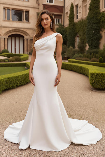 Mermaid One Shoulder Ivory Wedding Dress with Court Train